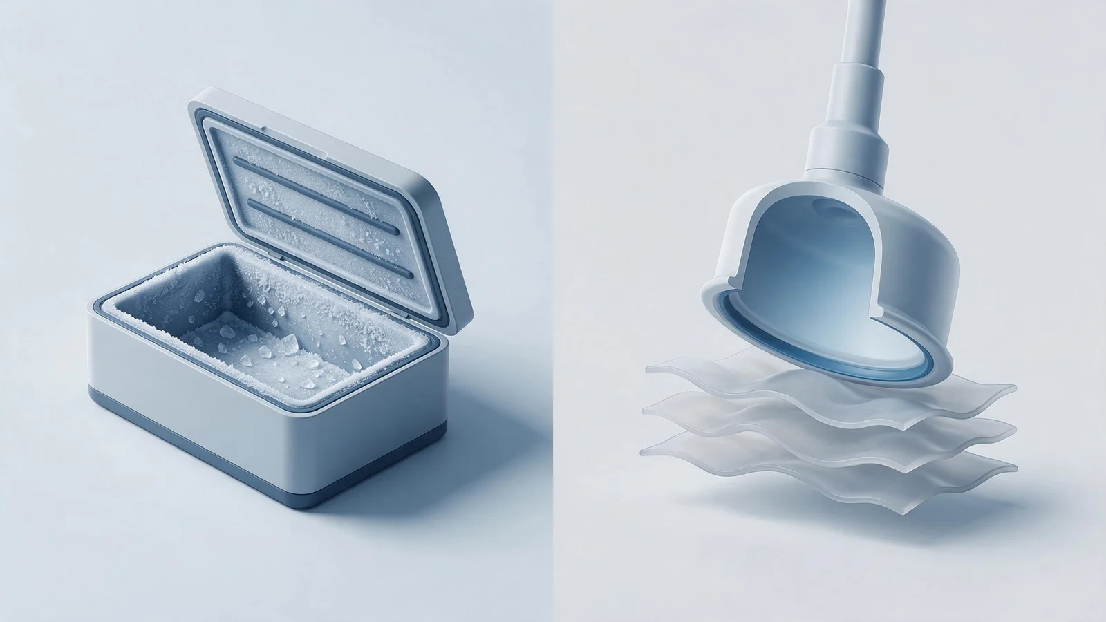 Technical design illustration for the guide "Cryotherapy or Cryolipolysis: Two Cold Machines, Two Different Jobs"